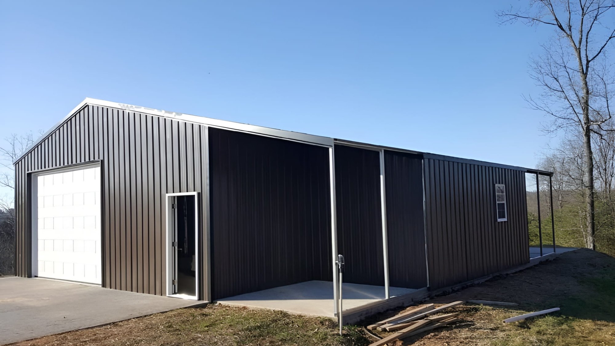 Large open-front steel workshop built in Western New York